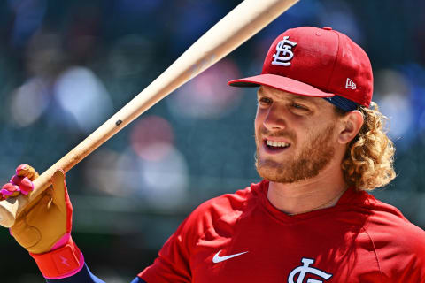 CHICAGO, IL – JUNE 03: Harrison Bader #48 of the St. Louis Cardinals warms up before a game against the Chicago Cubs at Wrigley Field on June 03, 2022 in Chicago, Illinois. (Photo by Jamie Sabau/Getty Images)