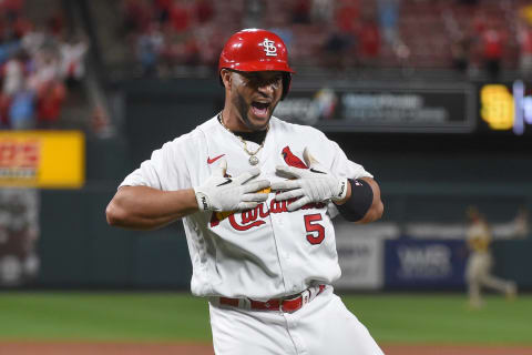 Albert Pujols #5 of the St. Louis Cardinals reacts after beating the San Diego Padres at Busch Stadium on May 31, 2022 in St Louis, Missouri. (Photo by Joe Puetz/Getty Images)