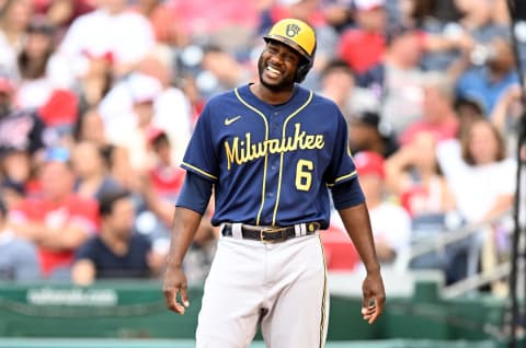 Lorenzo Cain #6 of the Milwaukee Brewers celebrates during the game (Photo by G Fiume/Getty Images)