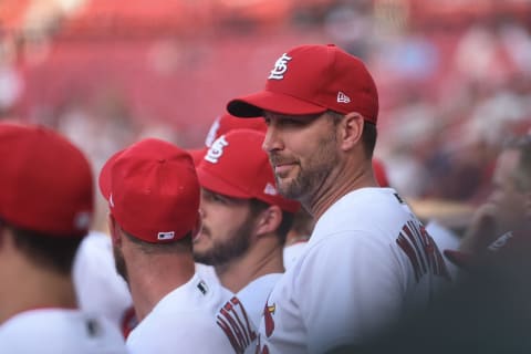 ST LOUIS, MO – JUNE 14: Adam Wainwright #50 of the St. Louis Cardinals looks on against the Pittsburgh Pirates during the second game of a double header at Busch Stadium on June 14, 2022 in St Louis, Missouri. (Photo by Joe Puetz/Getty Images)