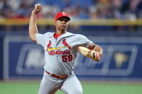 Johan Oviedo #59 of the St. Louis Cardinals throws against the Tampa Bay Rays during a baseball game at Tropicana Field on June 8, 2022 in St. Petersburg, Florida. (Photo by Mike Carlson/Getty Images)