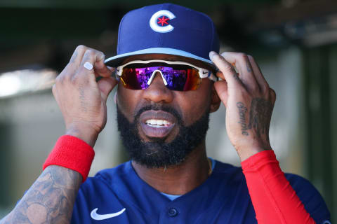 Jason Heyward #22 of the Chicago Cubs adjusts his sunglasses during the 7th inning. (Photo by Chase Agnello-Dean/Getty Images)