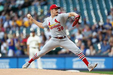 MILWAUKEE, WISCONSIN – JUNE 20: Miles Mikolas #39 of the St. Louis Cardinals throws a pitch in the first inning against the Milwaukee Brewers at American Family Field on June 20, 2022 in Milwaukee, Wisconsin. (Photo by John Fisher/Getty Images)