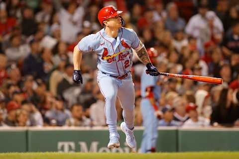 BOSTON, MASSACHUSETTS – JUNE 18: Tyler O’Neill #27 of the St. Louis Cardinals hits a home run during the sixth inning against the Boston Red Sox at Fenway Park on June 18, 2022 in Boston, Massachusetts. (Photo by Sarah Stier/Getty Images)