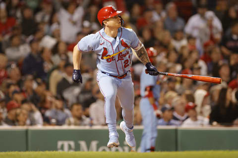 BOSTON, MASSACHUSETTS – JUNE 18: Tyler O’Neill #27 of the St. Louis Cardinals hits a home run during the sixth inning against the Boston Red Sox at Fenway Park on June 18, 2022 in Boston, Massachusetts. (Photo by Sarah Stier/Getty Images)