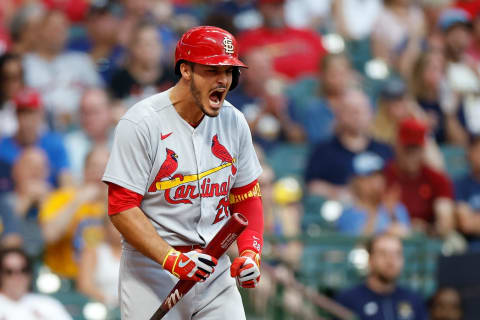 Nolan Arenado #28 of the St. Louis Cardinals reacts after striking out against the Milwaukee Brewers at American Family Field on June 20, 2022 in Milwaukee, Wisconsin. Brewers defeated the Cardinals 2-0. (Photo by John Fisher/Getty Images)