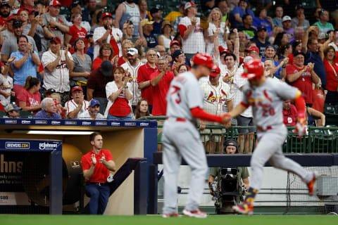 MILWAUKEE, WISCONSIN – JUNE 22: A picture of the St. Louis Cardinals fans reacting to a two run homer by Nolan Arenado #28 of the St. Louis Cardinals in the sixth inning against the Milwaukee Brewers at American Family Field on June 22, 2022 in Milwaukee, Wisconsin. Cardinals defeated the Brewers 5-4. (Photo by John Fisher/Getty Images)