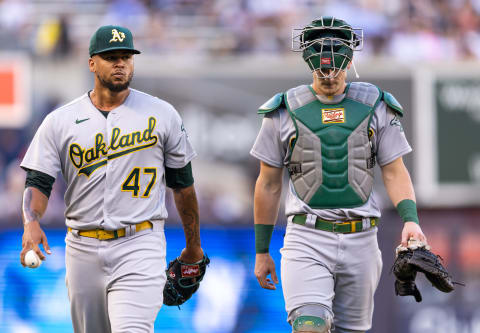 NEW YORK, NEW YORK – JUNE 28: Frankie Montas #47 and Sean Murphy #12 of the Oakland Athletics walk to the dugout from the bullpen before the start of the game against the New York Yankees at Yankee Stadium on June 28, 2022 in New York City. (Photo by Dustin Satloff/Getty Images)