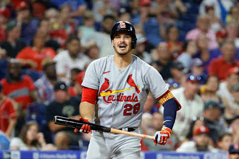 PHILADELPHIA, PENNSYLVANIA – JULY 01: Nolan Arenado #28 of the St. Louis Cardinals reacts during the eighth inning against the Philadelphia Phillies at Citizens Bank Park on July 01, 2022 in Philadelphia, Pennsylvania. (Photo by Tim Nwachukwu/Getty Images)