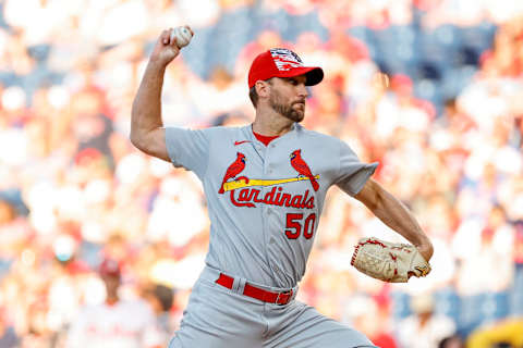 PHILADELPHIA, PENNSYLVANIA – JULY 03: Adam Wainwright #50 of the St. Louis Cardinals pitches during the first inning against the Philadelphia Phillies at Citizens Bank Park on July 03, 2022 in Philadelphia, Pennsylvania. (Photo by Tim Nwachukwu/Getty Images)