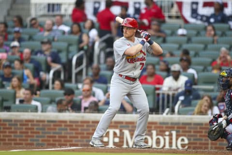 ATLANTA, GA – JULY 04: Conner Capel #71 of the St. Louis Cardinals bats against the Atlanta Braves in the second inning at Truist Park on July 4, 2022 in Atlanta, Georgia. (Photo by Brett Davis/Getty Images)