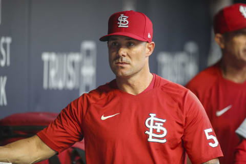 Skip Schumaker #55 of the St. Louis Cardinals in the dugout before a game (Photo by Brett Davis/Getty Images)