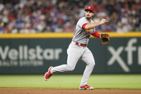 ATLANTA, GA – JULY 06: Nolan Arenado #28 of the St. Louis Cardinals throws a runner out at first against the Atlanta Braves in the eighth inning at Truist Park on July 6, 2022 in Atlanta, Georgia. (Photo by Brett Davis/Getty Images)