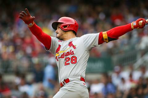 ATLANTA, GA – JULY 07: Nolan Arenado #28 of the St. Louis Cardinals bats against the Atlanta Braves in the first inning at Truist Park on July 7, 2022 in Atlanta, Georgia. (Photo by Brett Davis/Getty Images)