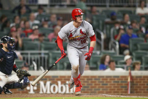 ATLANTA, GA – JULY 07: Nolan Gorman #16 of the St. Louis Cardinals hits a single against the Atlanta Braves in the eleventh inning at Truist Park on July 7, 2022 in Atlanta, Georgia. (Photo by Brett Davis/Getty Images)