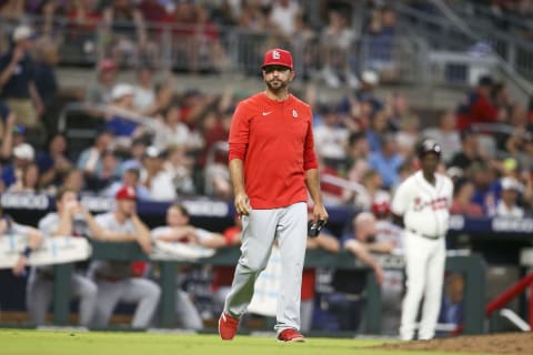 ATLANTA, GA – JULY 07: Oliver Marmol #37 of the St. Louis Cardinals makes a pitching change against the Atlanta Braves in the eighth inning at Truist Park on July 7, 2022 in Atlanta, Georgia. (Photo by Brett Davis/Getty Images)