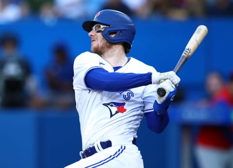 TORONTO, ON – JULY 12: Danny Jansen #9 of the Toronto Blue Jays bats against the Philadelphia Phillies at Rogers Centre on July 12, 2022 in Toronto, Ontario, Canada. (Photo by Vaughn Ridley/Getty Images)