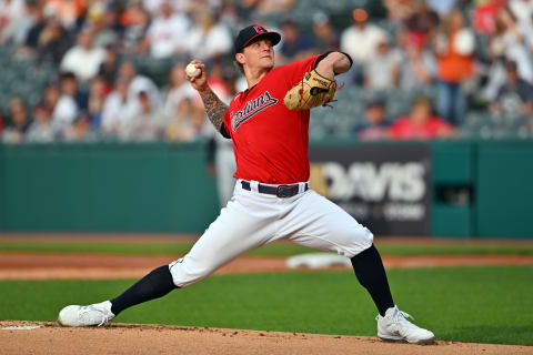 CLEVELAND, OHIO – JULY 15: Starting pitcher Zach Plesac #34 of the Cleveland Guardians pitches during the first inning against the Detroit Tigers at Progressive Field on July 15, 2022 in Cleveland, Ohio. (Photo by Jason Miller/Getty Images)