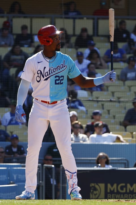 LOS ANGELES, CALIFORNIA – JULY 16: Jordan Walker #22 of the National League at bat during the SiriusXM All-Star Futures Game at Dodger Stadium on July 16, 2022 in Los Angeles, California. (Photo by Ronald Martinez/Getty Images)