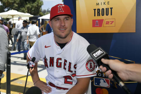 LOS ANGELES, CALIFORNIA – JULY 18: American League All-Star Mike Trout #27 of the Los Angeles Angels talks to the media during the 2022 Gatorade All-Star Workout Day at Dodger Stadium on July 18, 2022 in Los Angeles, California. (Photo by Kevork Djansezian/Getty Images)