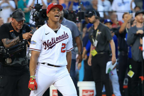 LOS ANGELES, CALIFORNIA – JULY 18: National League All-Star Juan Soto #22 of the Washington Nationals celebrates after winning the 2022 T-Mobile Home Run Derby at Dodger Stadium on July 18, 2022 in Los Angeles, California. (Photo by Sean M. Haffey/Getty Images)