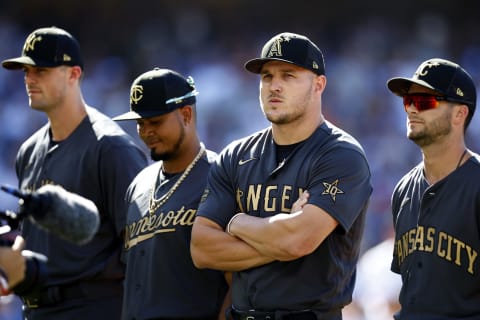 LOS ANGELES, CALIFORNIA – JULY 19: Mike Trout #27 of the Los Angeles Angels stands on the line during introductions before the 92nd MLB All-Star Game presented by Mastercard at Dodger Stadium on July 19, 2022 in Los Angeles, California. (Photo by Ronald Martinez/Getty Images)