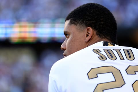 LOS ANGELES, CALIFORNIA – JULY 19:Juan Soto #22 of the Washington Nationals looks on against the American League during the 92nd MLB All-Star Game presented by Mastercard at Dodger Stadium on July 19, 2022 in Los Angeles, California. (Photo by Sean M. Haffey/Getty Images)