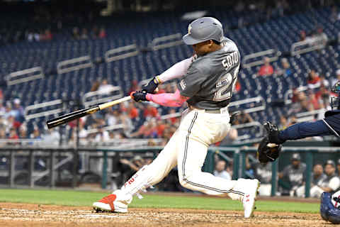 WASHINGTON, DC – JULY 16: Juan Soto #22 of the Washington Nationals takes a swing during a baseball game against the Atlanta Braves at Nationals Park on July 16, 2022 in Washington, DC. (Photo by Mitchell Layton/Getty Images)