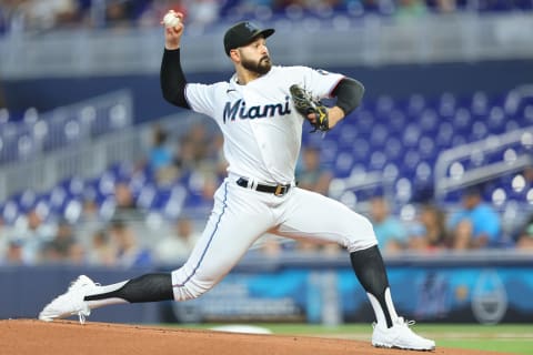 MIAMI, FLORIDA – JULY 21: Pablo Lopez #49 of the Miami Marlins delivers a pitch during the first inning against the Texas Rangers at loanDepot park on July 21, 2022 in Miami, Florida. (Photo by Michael Reaves/Getty Images)