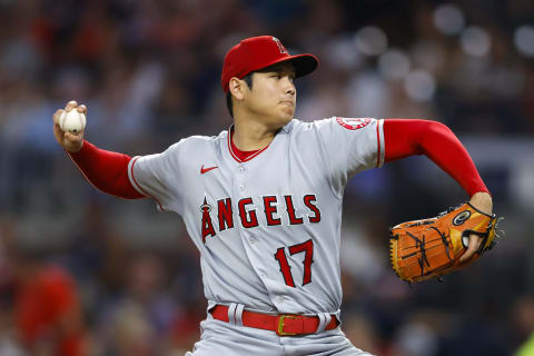 ATLANTA, GA – JULY 22: Shohei Ohtani #17 of the Los Angeles Angels pitches during the fourth inning against the Atlanta Braves at Truist Park on July 22, 2022 in Atlanta, Georgia. (Photo by Todd Kirkland/Getty Images)