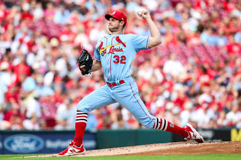 CINCINNATI, OH – JULY 23: Steven Matz #32 of the St. Louis Cardinals warms up before the start of the bottom of the first inning during the game against the Cincinnati Reds at Great American Ball Park on July 23, 2022 in Cincinnati, Ohio. (Photo by Lauren Bacho/Getty Images)