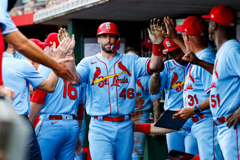 CINCINNATI, OH – JULY 23: Paul Goldschmidt #46 of the St. Louis Cardinals high fives his teammates after hitting home run in the top of the fourth inning at Great American Ball Park on July 23, 2022 in Cincinnati, Ohio. (Photo by Lauren Bacho/Getty Images)