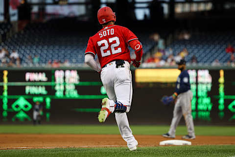 WASHINGTON, DC – JULY 13: Juan Soto #22 of the Washington Nationals in action against the Seattle Mariners during the seventh inning of game two of a doubleheader at Nationals Park on July 13, 2022 in Washington, DC. (Photo by Scott Taetsch/Getty Images)