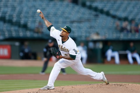 OAKLAND, CALIFORNIA – JULY 26: Frankie Montas #47 of the Oakland Athletics pitches in the top of the first inning against the Houston Astros at RingCentral Coliseum on July 26, 2022 in Oakland, California. (Photo by Lachlan Cunningham/Getty Images)