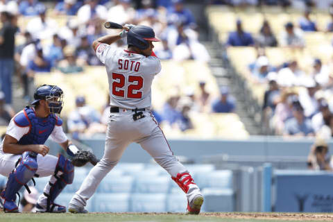 LOS ANGELES, CALIFORNIA – JULY 27: Juan Soto #22 of the Washington Nationals at bat against the Los Angeles Dodgers during the fourth inning at Dodger Stadium on July 27, 2022 in Los Angeles, California. (Photo by Michael Owens/Getty Images)