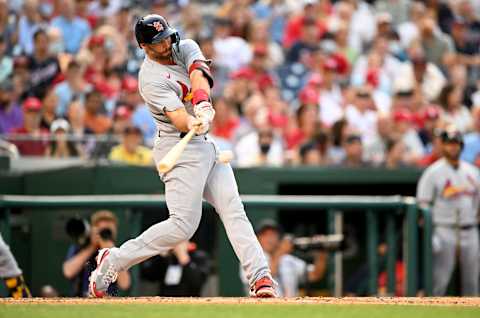 WASHINGTON, DC – JULY 29: Paul Goldschmidt #46 of the St. Louis Cardinals drives in a run with a groundout in the third inning against the Washington Nationals at Nationals Park on July 29, 2022 in Washington, DC. (Photo by Greg Fiume/Getty Images)