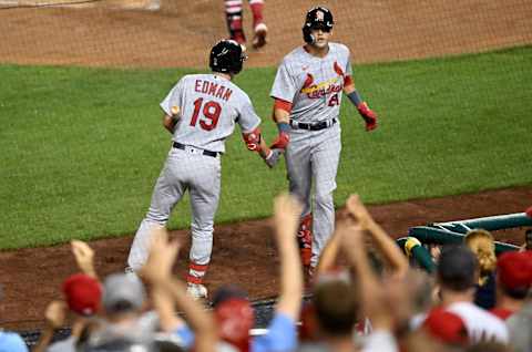 WASHINGTON, DC – JULY 29: Lars Nootbaar #21 of the St. Louis Cardinals celebrates with Tommy Edman #19 after hitting a home run in the sixth inning against the Washington Nationals at Nationals Park on July 29, 2022 in Washington, DC. (Photo by Greg Fiume/Getty Images)