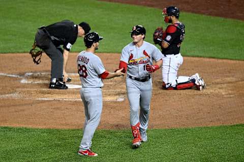 WASHINGTON, DC – JULY 29: Nolan Gorman #16 of the St. Louis Cardinals celebrates with Nolan Arenado #28 after hitting a two-run home run in the sixth inning against the Washington Nationals at Nationals Park on July 29, 2022 in Washington, DC. (Photo by Greg Fiume/Getty Images)