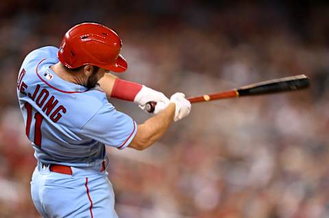 WASHINGTON, DC – JULY 30: Paul DeJong #11 of the St. Louis Cardinals drives in a run with a sacrifice fly in the eighth inning against the Washington Nationals at Nationals Park on July 30, 2022 in Washington, DC. (Photo by Greg Fiume/Getty Images)