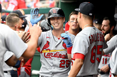 WASHINGTON, DC – JULY 31: Corey Dickerson #25 of the St. Louis Cardinals celebrates with teammates after hitting a three-run home run in the fourth inning against the Washington Nationals at Nationals Park on July 31, 2022 in Washington, DC. (Photo by Greg Fiume/Getty Images)