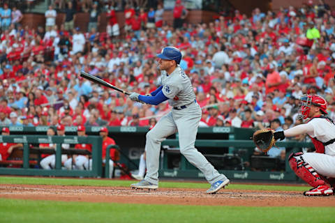 ST LOUIS, MO – JULY 14: Freddie Freeman #5 of the Los Angeles Dodgers bats against the St. Louis Cardinals at Busch Stadium on July 14, 2022 in St Louis, Missouri. (Photo by Dilip Vishwanat/Getty Images)