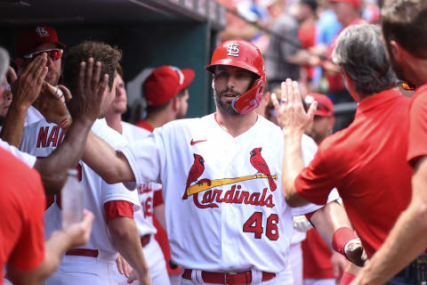 ST LOUIS, MO – AUGUST 04: Paul Goldschmidt #46 of the St. Louis Cardinals is congratulated after hitting a solo home run against the Chicago Cubs in game one of a double header at Busch Stadium on August 4, 2022 in St Louis, Missouri. (Photo by Joe Puetz/Getty Images)