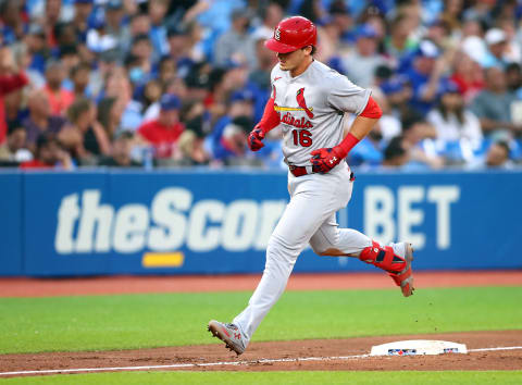 TORONTO, ON – JULY 27: Nolan Gorman #16 of the St. Louis Cardinals runs the bases after hitting a home run against the Toronto Blue Jays at Rogers Centre on July 27, 2022 in Toronto, Ontario, Canada. (Photo by Vaughn Ridley/Getty Images)