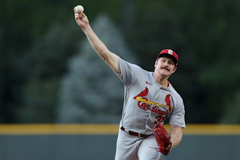 DENVER, COLORADO – AUGUST 09: Starting pitcher Miles Mikolas #39 of the St Louis Cardinals throws against the Colorado Rockies in the first inning at Coors Field on August 09, 2022 in Denver, Colorado. (Photo by Matthew Stockman/Getty Images)