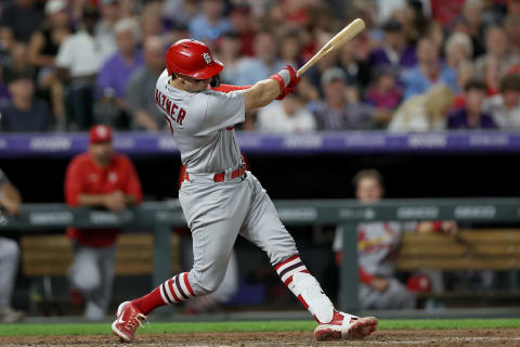 DENVER, COLORADO – AUGUST 09: Andrew Knizner #7 of the St Louis Cardinals hits a two RBI single against the Colorado Rockies in the sixth inning at Coors Field on August 09, 2022 in Denver, Colorado. (Photo buy Matthew Stockman/Getty Images)