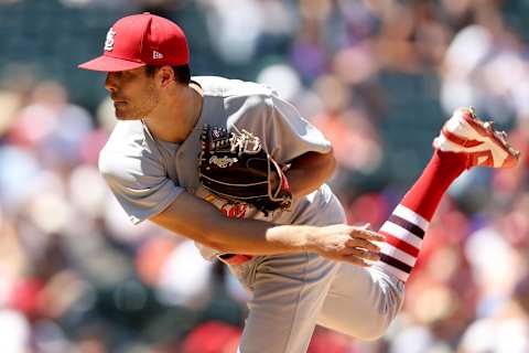 DENVER, COLORADO – AUGUST 11: Starting pitcher Dakota Hudson #43 of the St Louis Cardinals throws against the Colorado Rockies in the first inning at Coors Field on August 11, 2022 in Denver, Colorado. (Photo by Matthew Stockman/Getty Images)