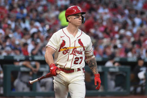 Tyler O’Neill #27 of the St. Louis Cardinals looks on during a game. (Photo by Joe Puetz/Getty Images)