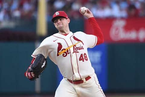 ST LOUIS, MO – AUGUST 06: Jordan Montgomery #48 of the St. Louis Cardinals pitches against the New York Yankees at Busch Stadium on August 6, 2022 in St Louis, Missouri. (Photo by Joe Puetz/Getty Images)