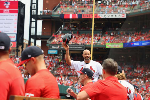 Albert Pujols #5 of the St. Louis Cardinals takes a curtain call after hitting a home run against the Milwaukee Brewers at Busch Stadium on August 14, 2022 in St Louis, Missouri. (Photo by Dilip Vishwanat/Getty Images)