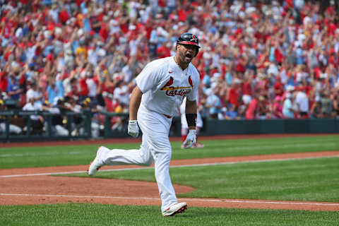 ST LOUIS, MO – AUGUST 14: Albert Pujols #5 of the St. Louis Cardinals celebrates after hitting his second home run of the game against the Milwaukee Brewers at Busch Stadium on August 14, 2022 in St Louis, Missouri. (Photo by Dilip Vishwanat/Getty Images)